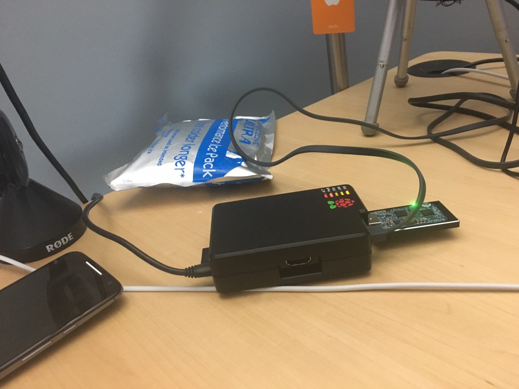 Kevin's Bitcoin mining operation using a Raspberry Pi and a custom dongle.